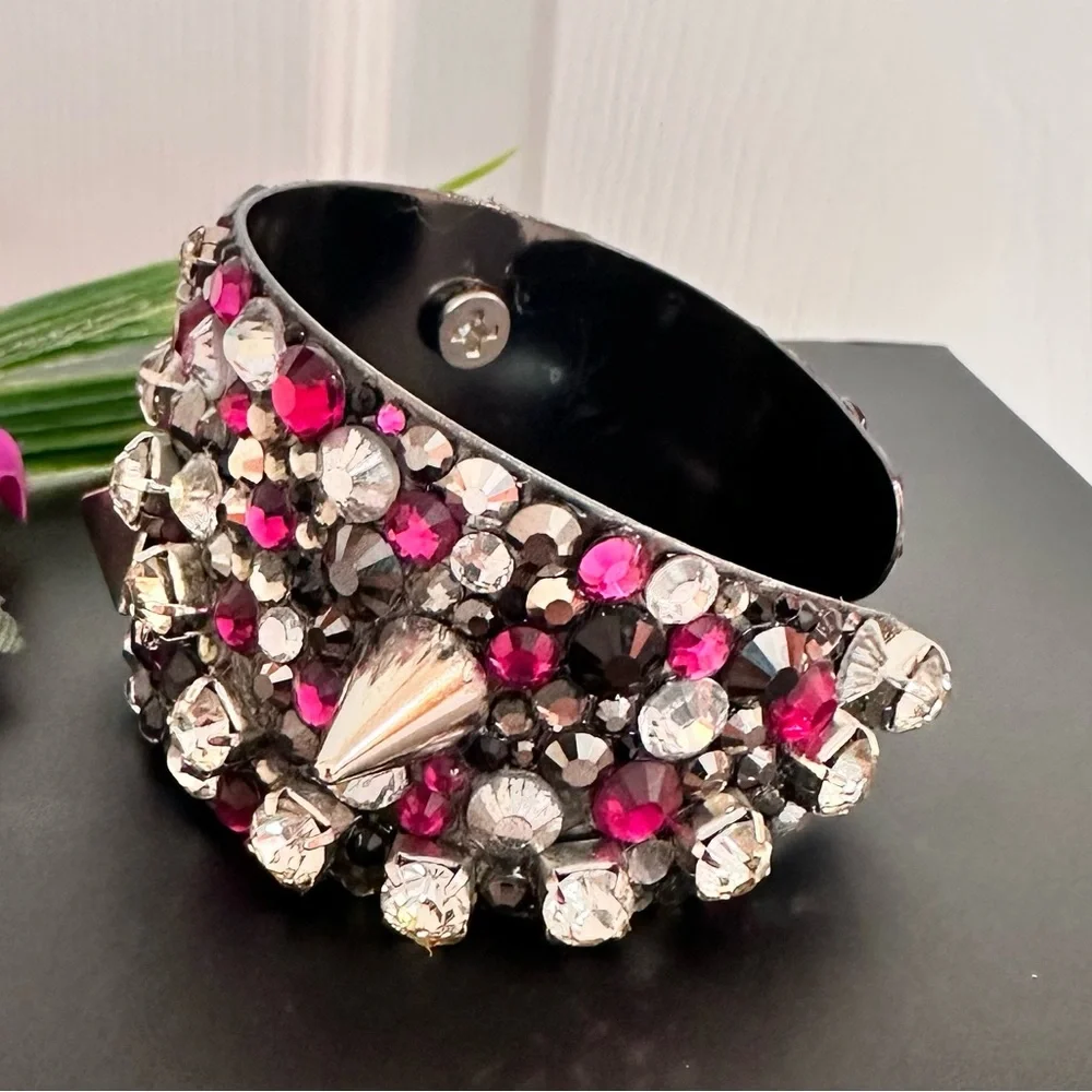 CUFF BRACELET ~ Studded Pink Silver Gray and Black Cuff w/Swarovski Crystals